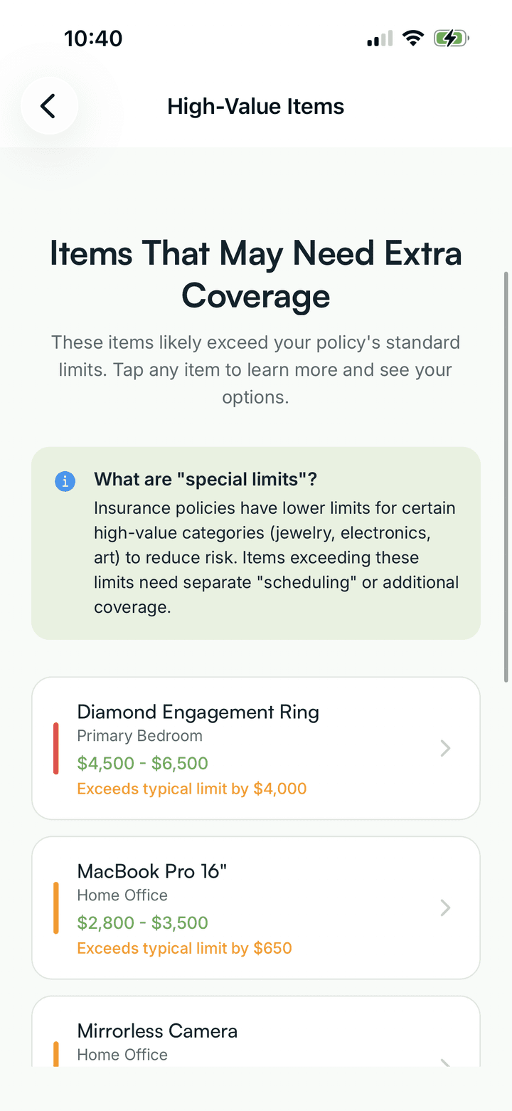 Hometric's high-value items screen listing belongings that may need separate scheduling on a policy.